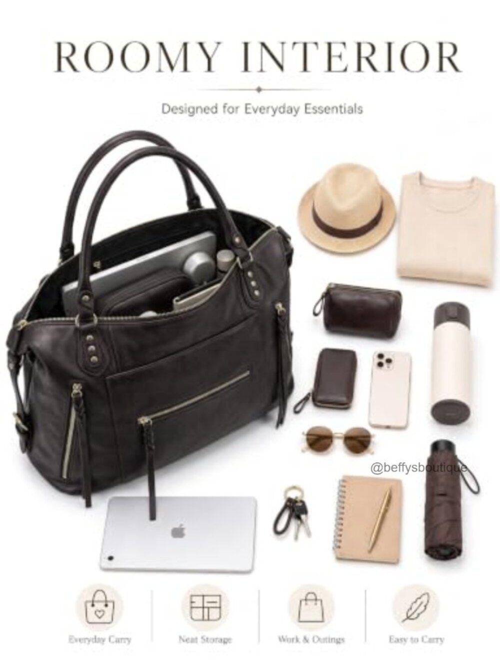 Vegan Leather Large Tote Bag Hobo Zipper Adjustable Strap Work Travel